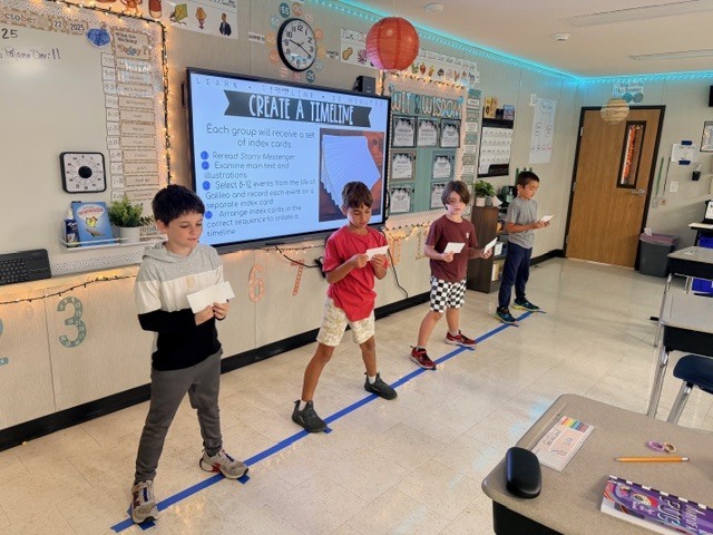 third graders acting out a human timeline of events