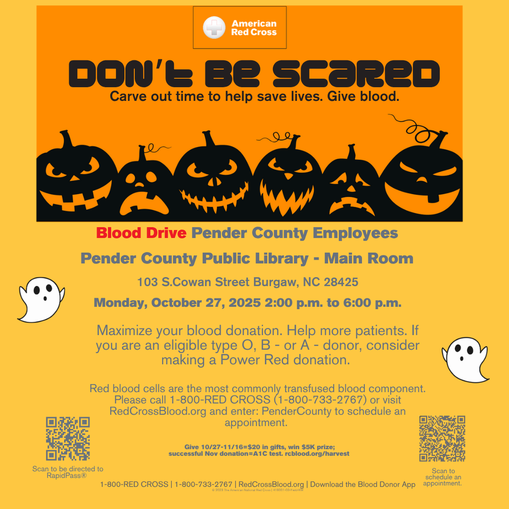 Pender County Public Library Blood Drive flyer