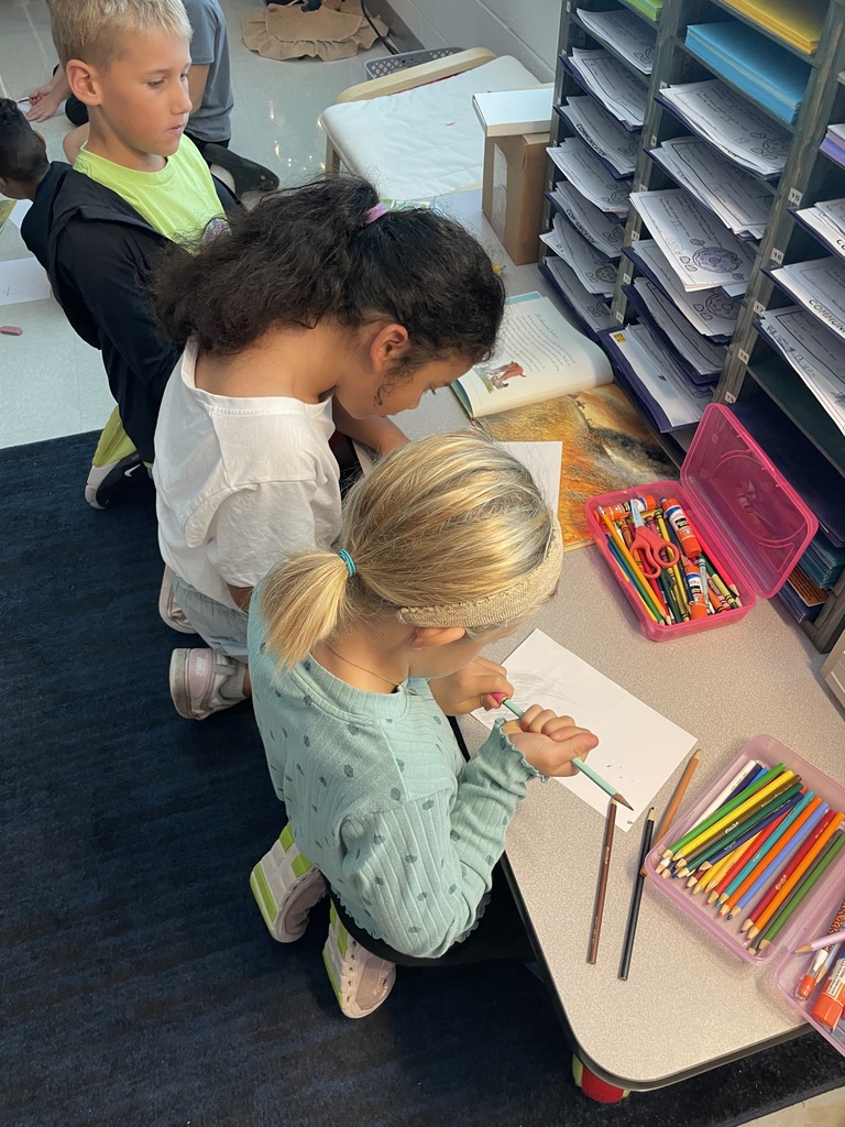 2nd graders working in small groups on a timeline project
