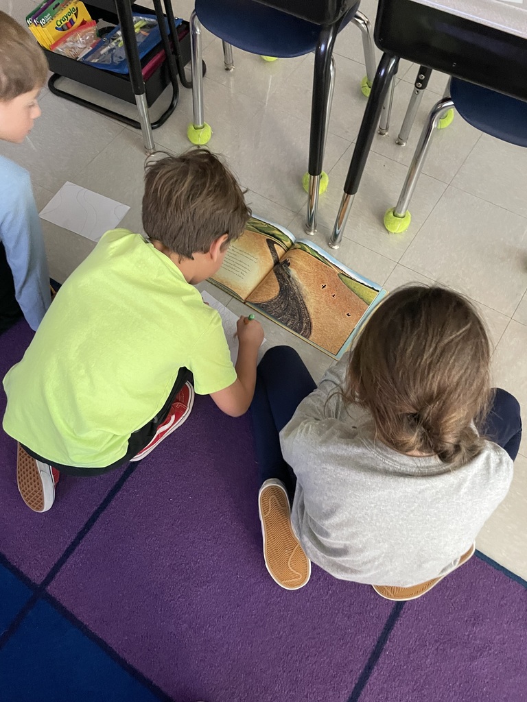 2nd graders working in small groups on a timeline project