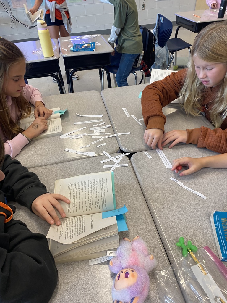 5th graders working in groups on a novel activity