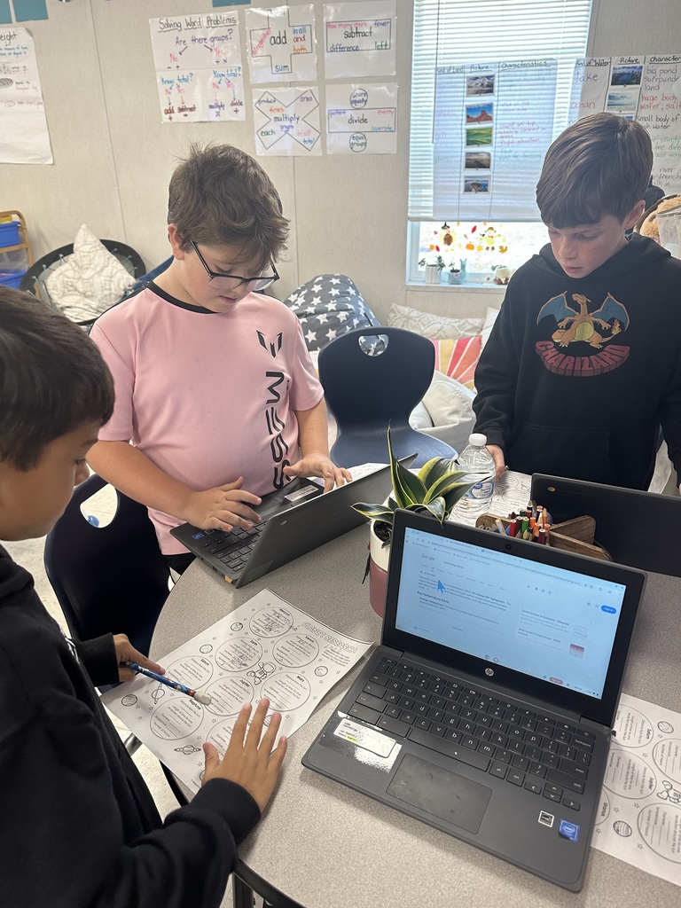 3rd grade students working in groups to research facts about planets