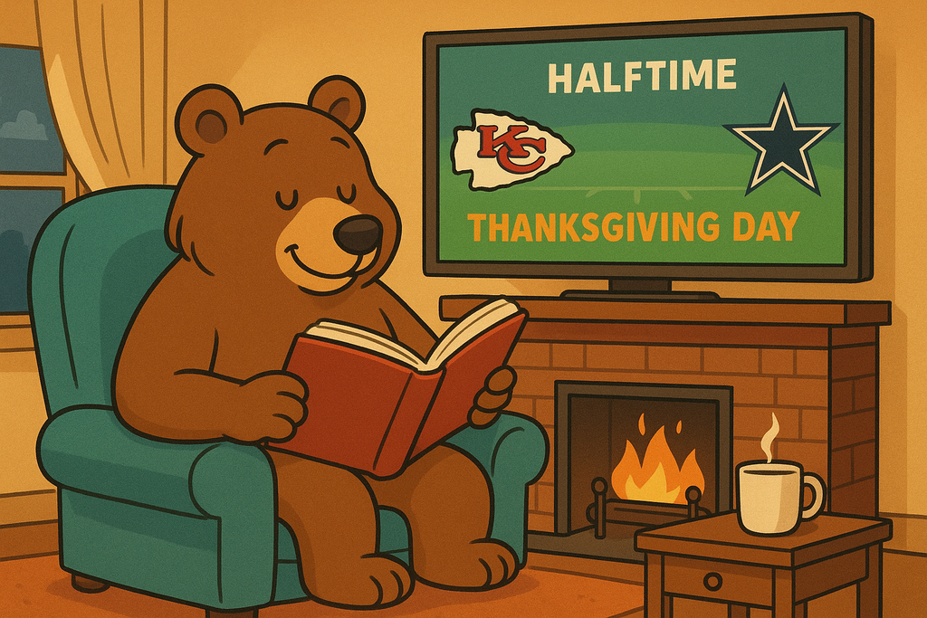 Bear reading during halftime.