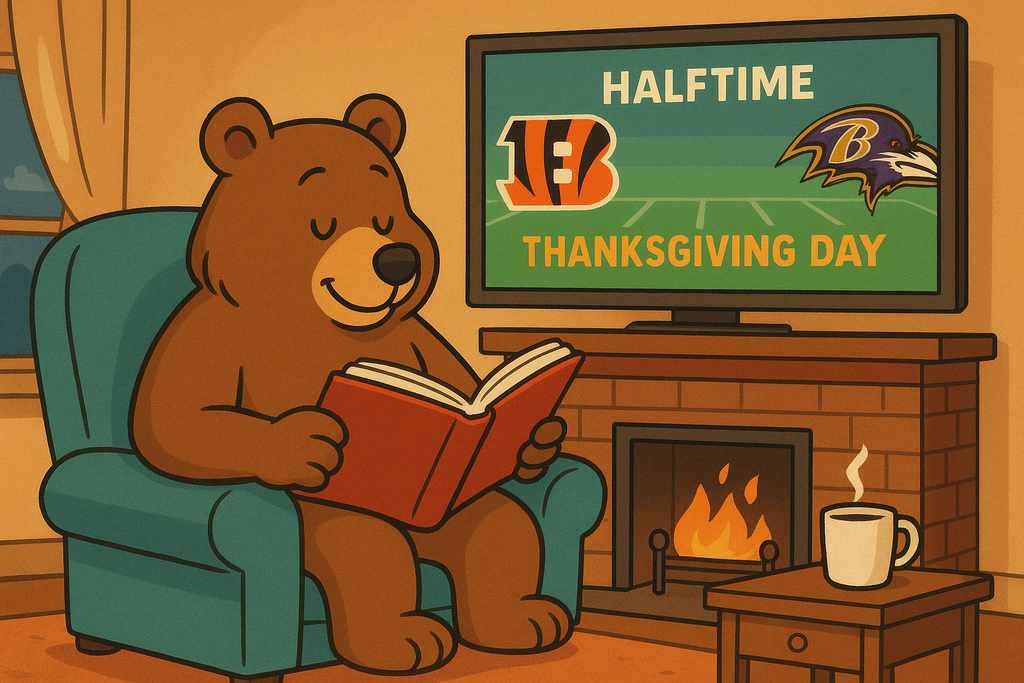 Bear reading during halftime.