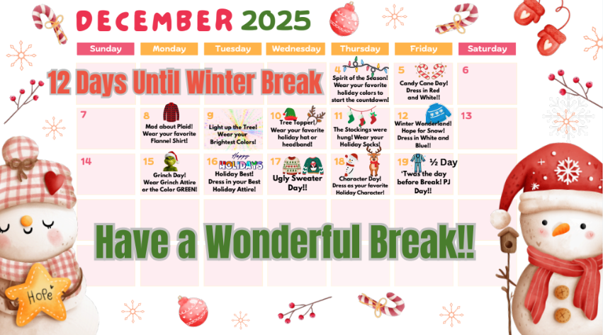calendar of events for each day to count down to break