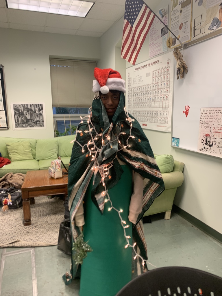 PECHS student dressed up as a Christmas tree