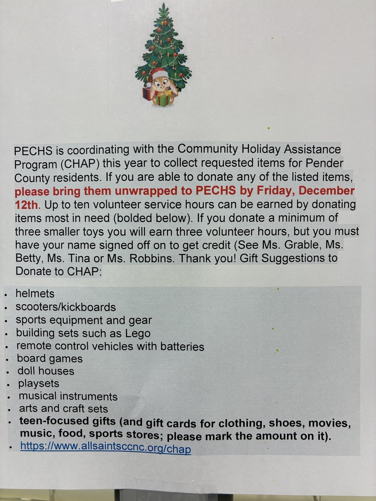 Earn volunteer hours by donating toys/ gift card(s) to support Pender County students please. Deadline is 12 on Friday, 12/12