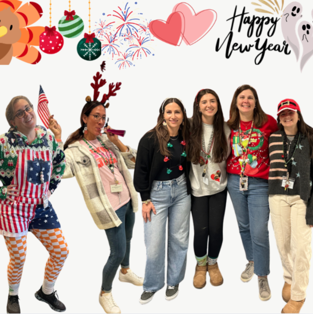 teachers wearing different holiday outfits 