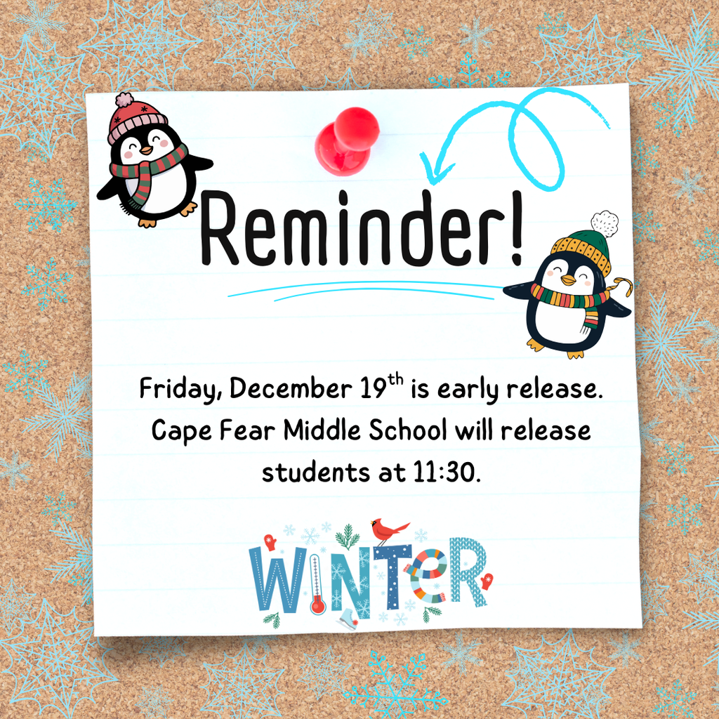 Tomorrow, Friday, December 19th, is an early release day. Students will be dismissed at 11:30 AM.