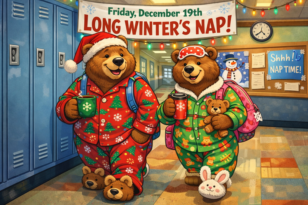 Friday, December 19th - Long Winter's Nap! Wear your coziest holiday PJs and get comfy as we wrap up Spirit Week and head into winter break!