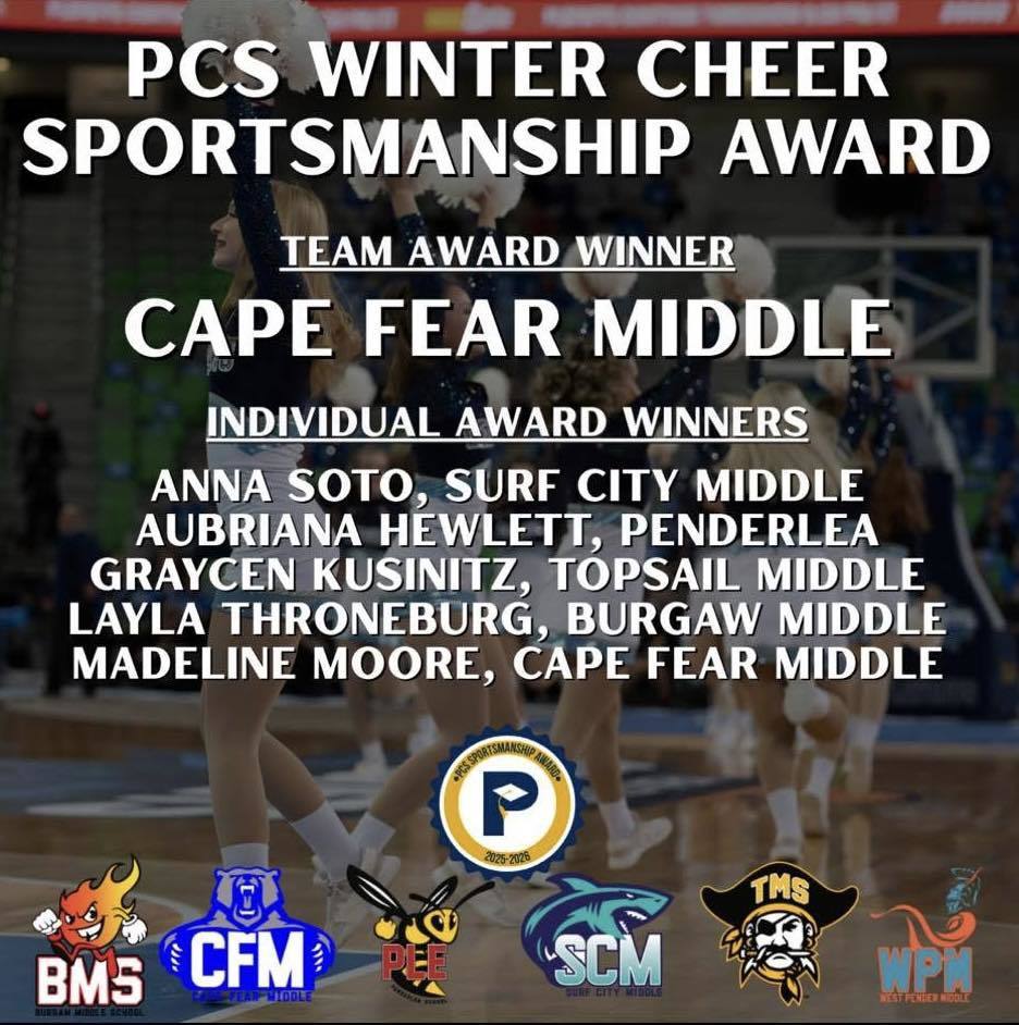 Cape Fear Middle School Cheerleaders Win PCS Winter Cheer Sportsmanship Award! 🏆🎉