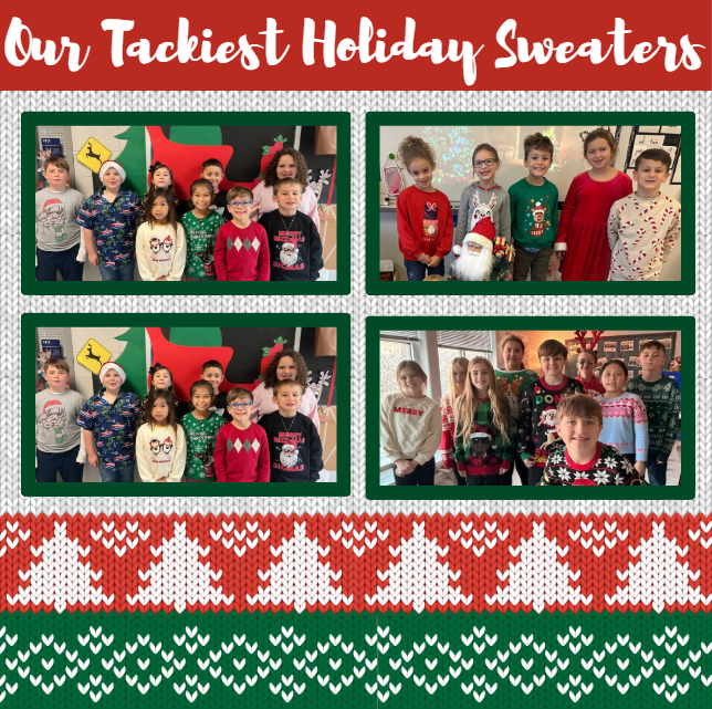 students and staff wearing their tacky holiday sweaters