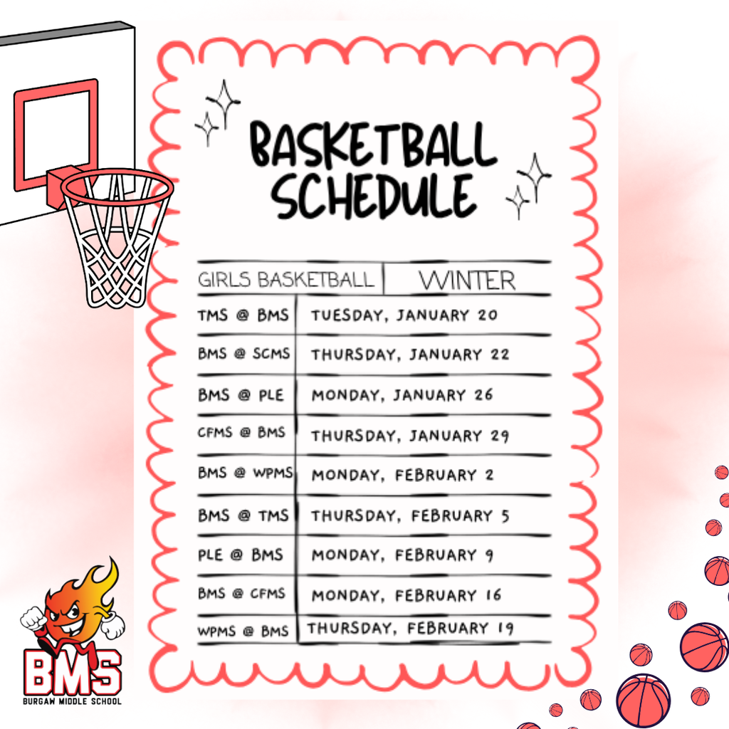 basketball game schedule flyer with dates and graphics