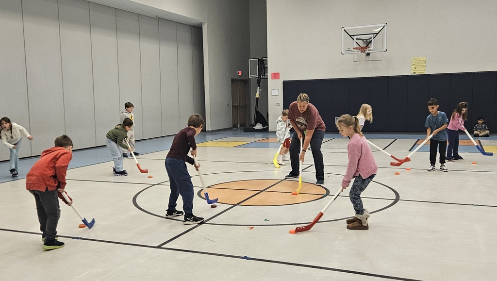 2nd graders playing hockey in PE class