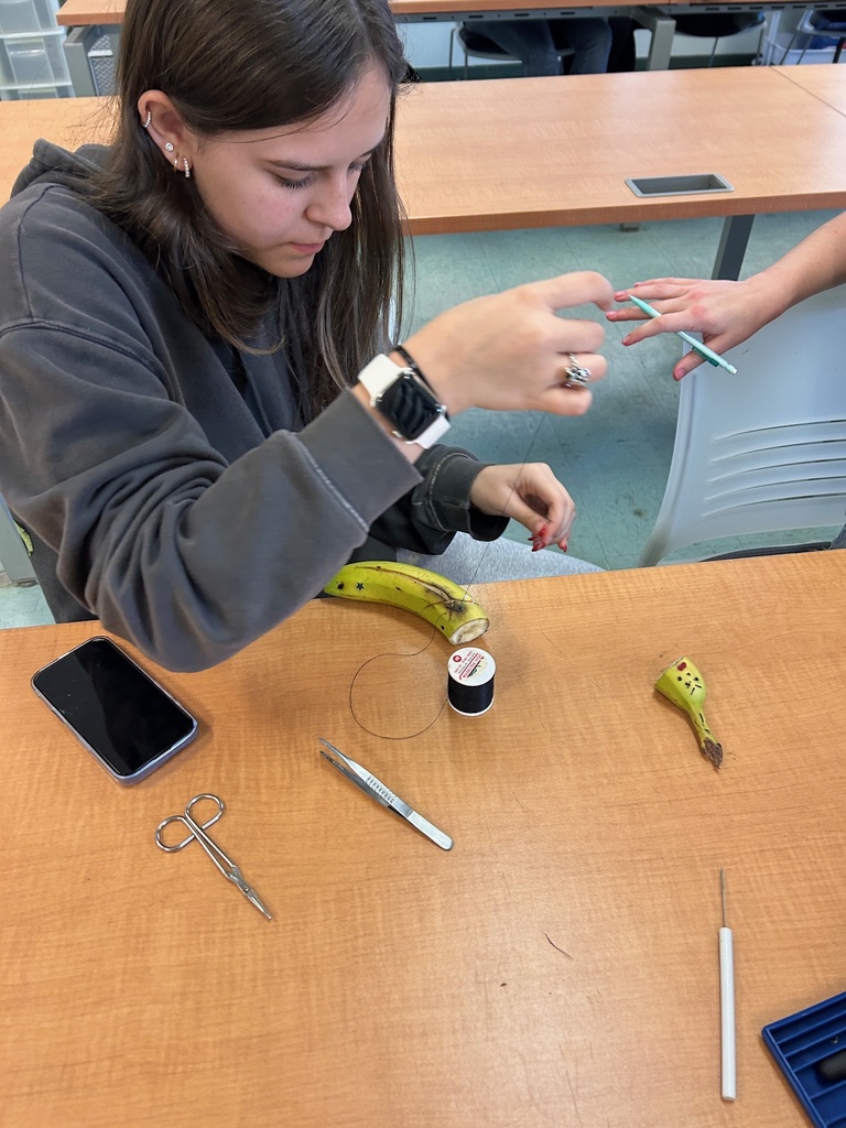 a student sews up her banana