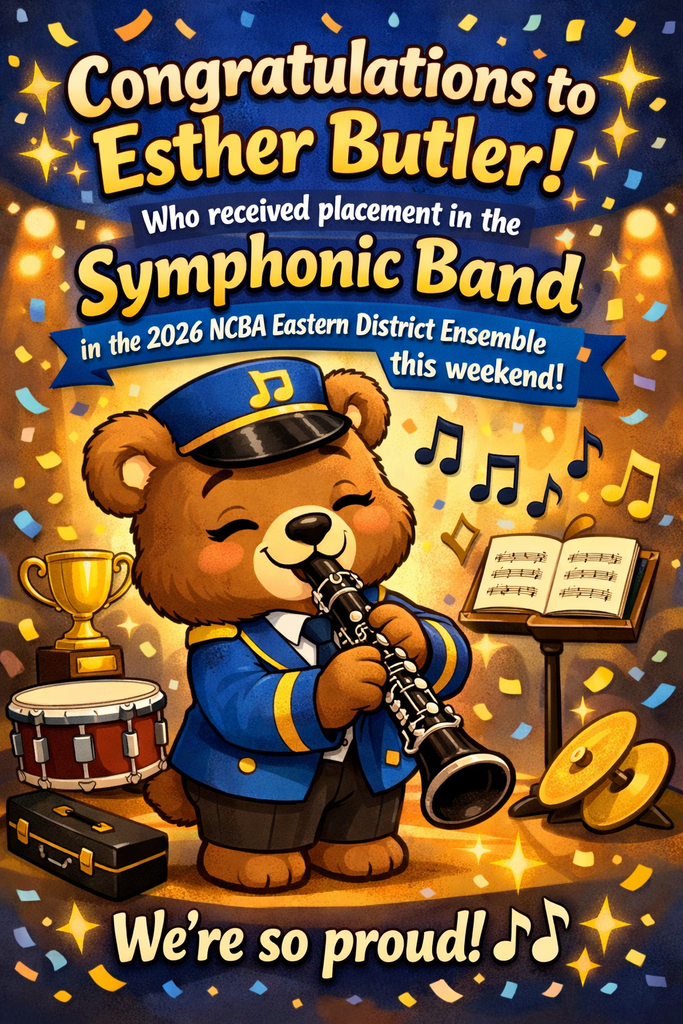 Huge congratulations to Esther Butler who earned placement in the Symphonic Band for the 2026 NCBA Eastern District Ensemble this weekend! 🌟 She made 9th chair!