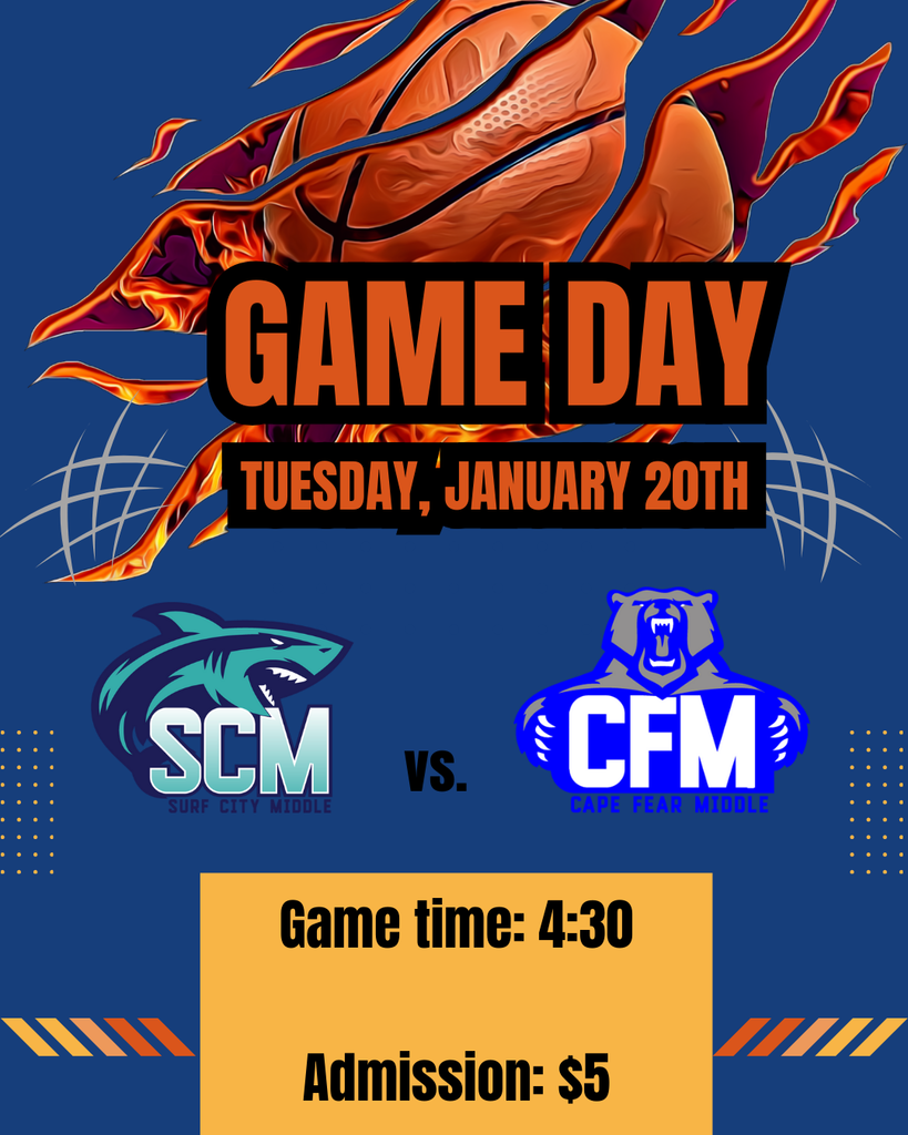 Girls basketball vs. Surf City Middle tomorrow, Tuesday, January 20th , at 4:30 pm