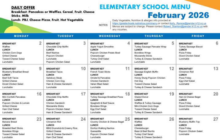 calendar  menu for feburary