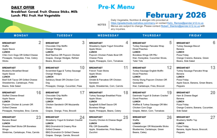calendar  menu for pre k for feburary