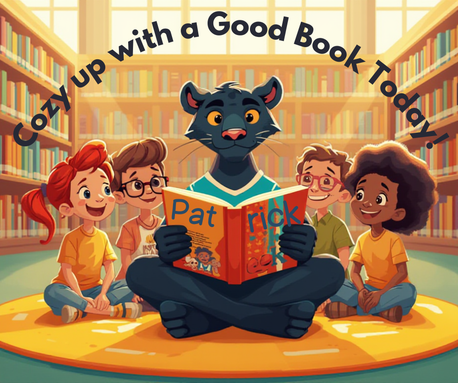 panther mascot reading a book to kids sitting on a carpet in a library