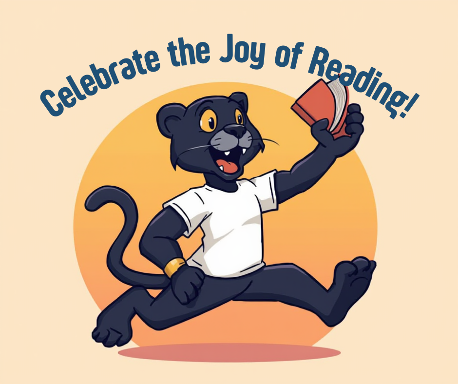 panther mascot running in excitement with a book in hand