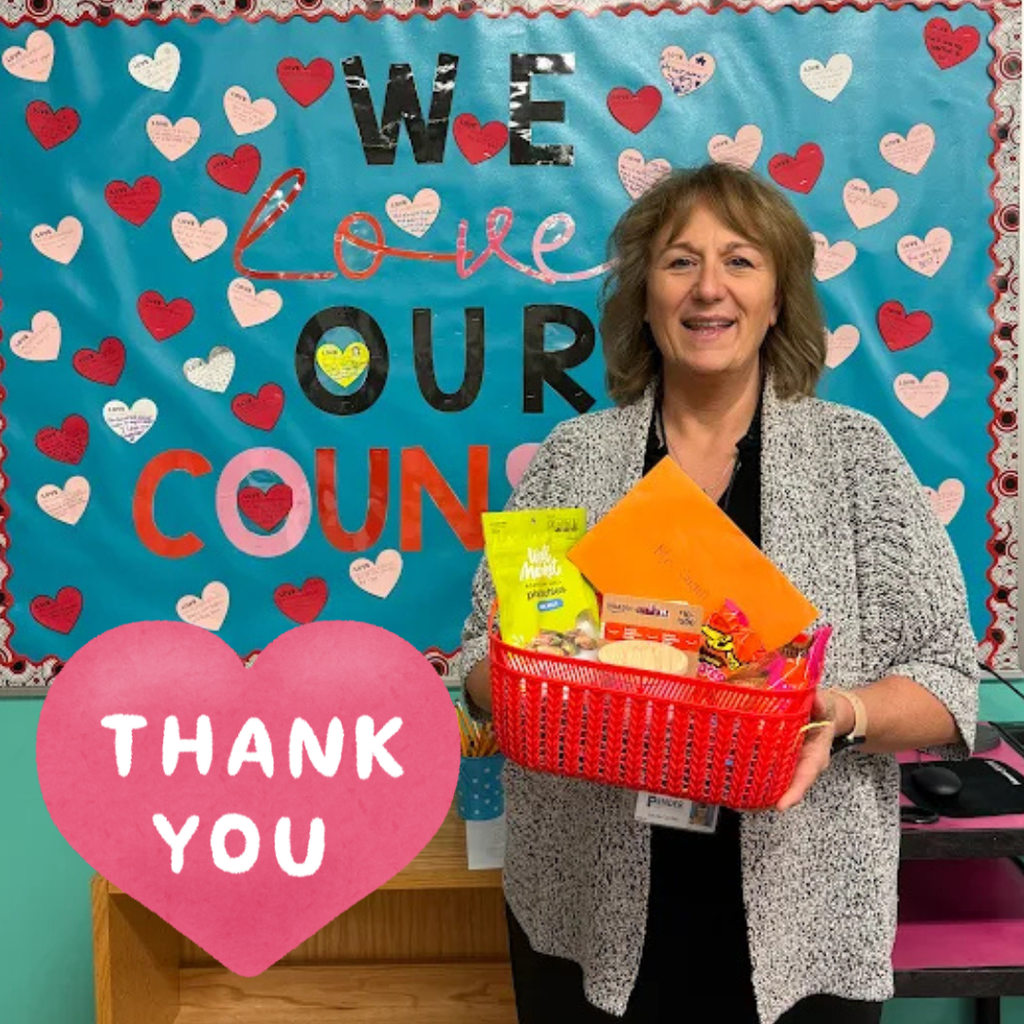 school counselor with gift basket