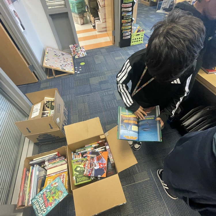 boys looking through boxes of books
