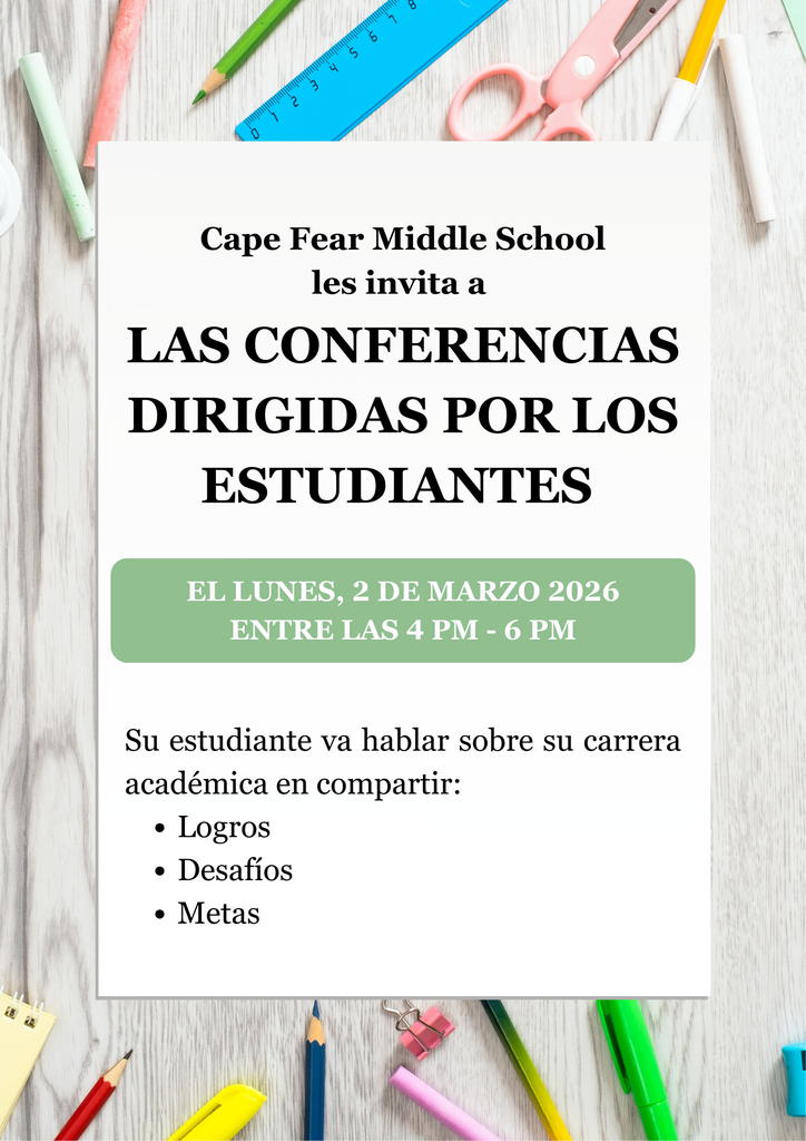 Student led conferences Monday, March 2, 2026 between 4 pm and 6 pm