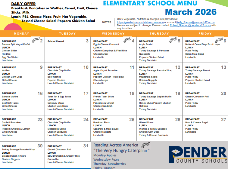 March Breakfast and Lunch calendar menu