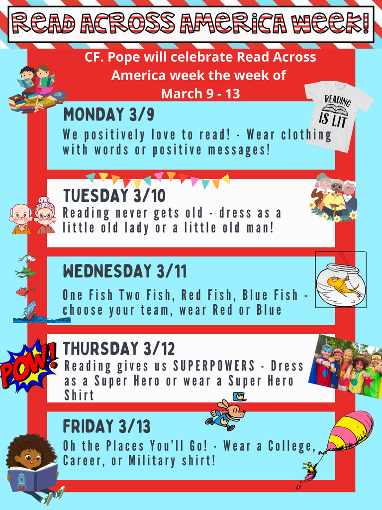red, white, and blue flyer with small pictures to represent each day of RAA week
