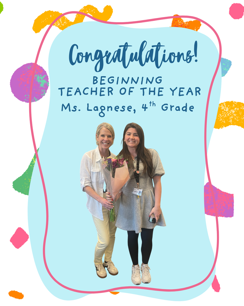 principal and beginning teacher of the year standing together with flowers