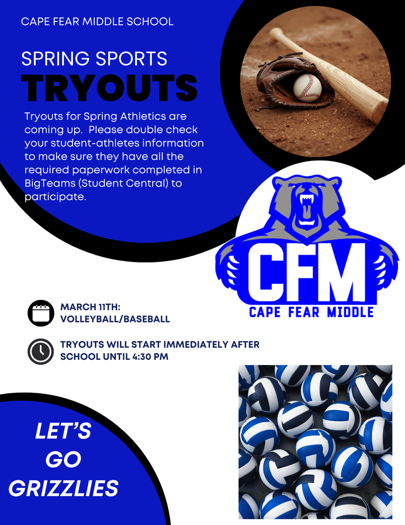 Spring Sports Tryouts: March 11th immediately after school until 4:30 pm.