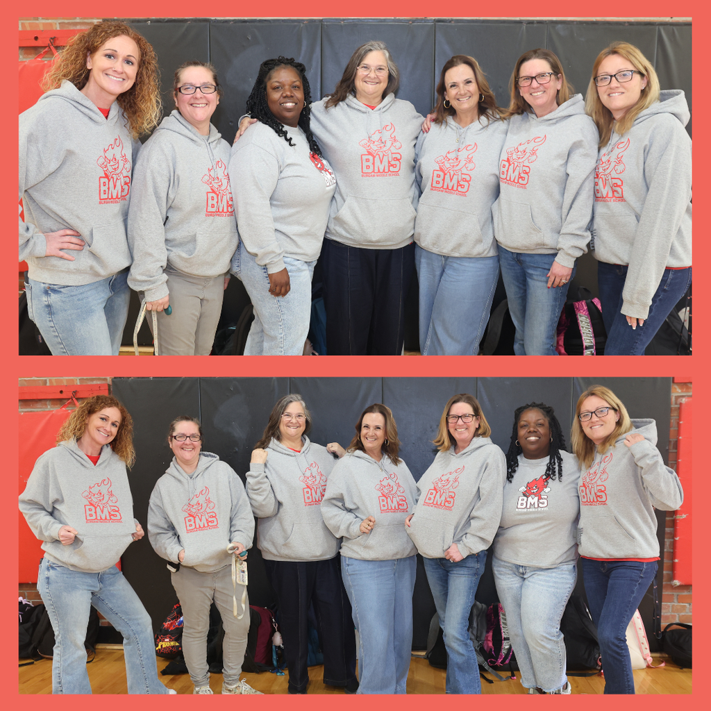 BMS teachers posing wearing sweatshirts