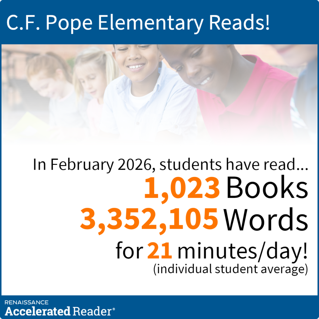 students in background with info about how many books and words were read in February