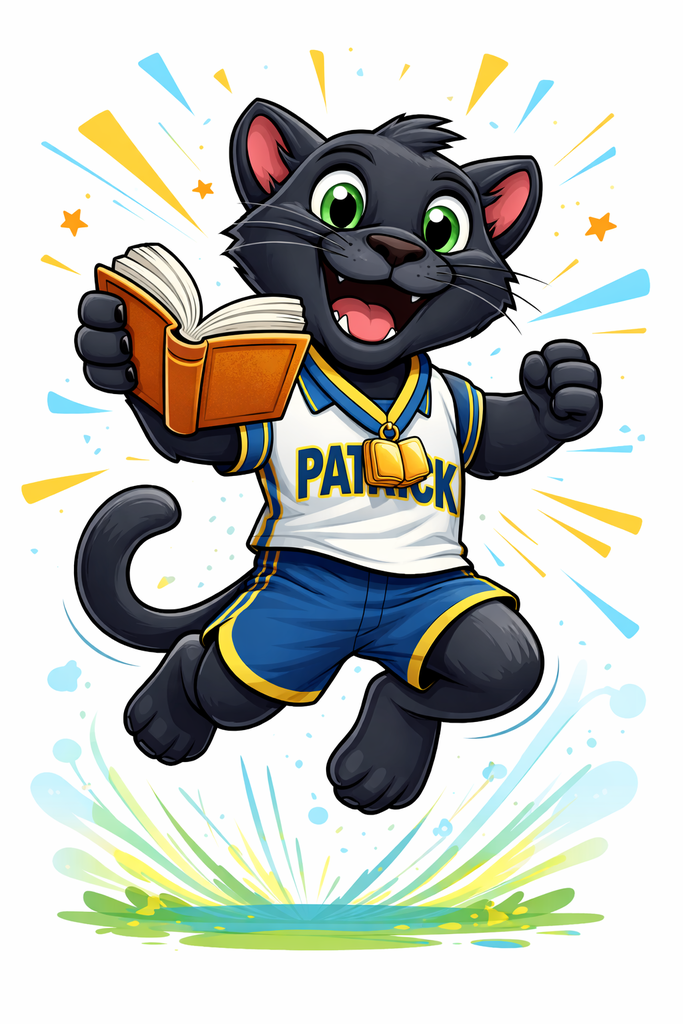 cartoon panther mascot holding a book and jumping excitedly in the air