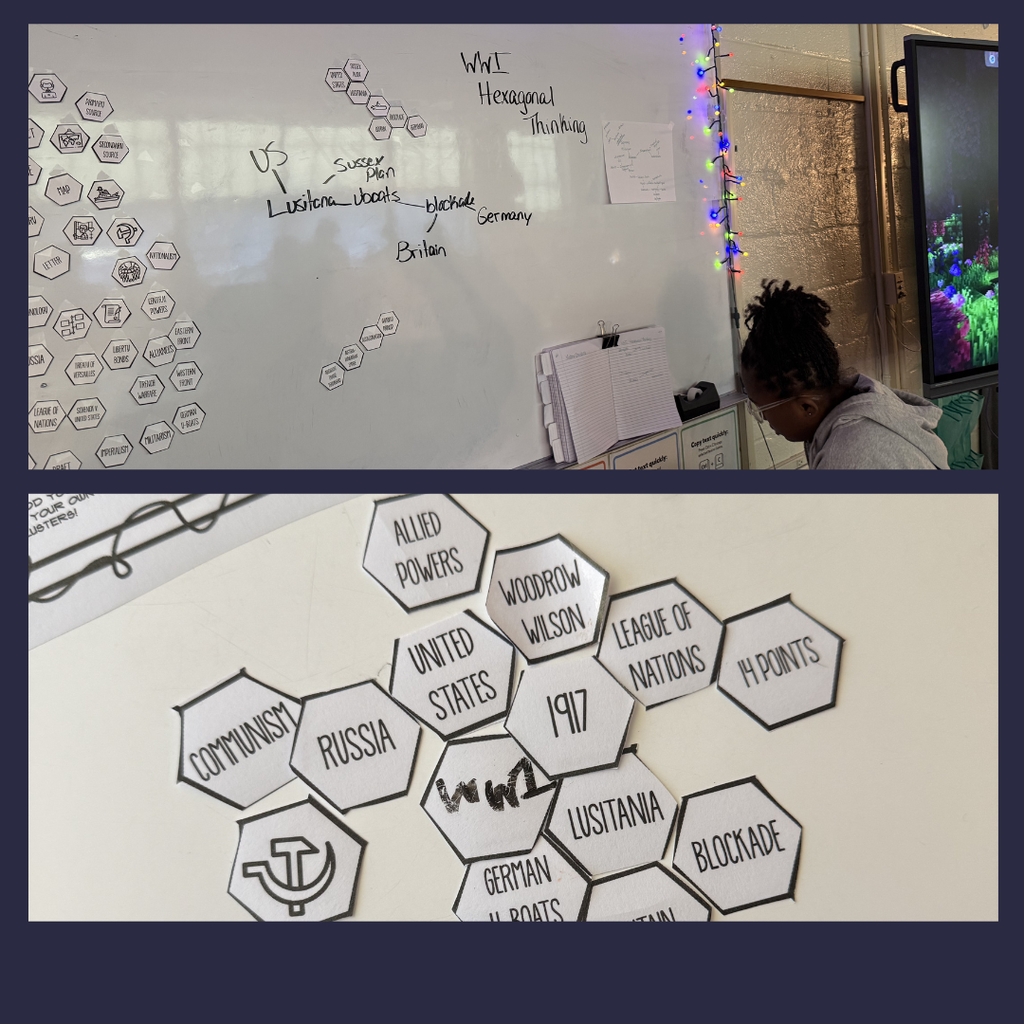 student at board and student drawings