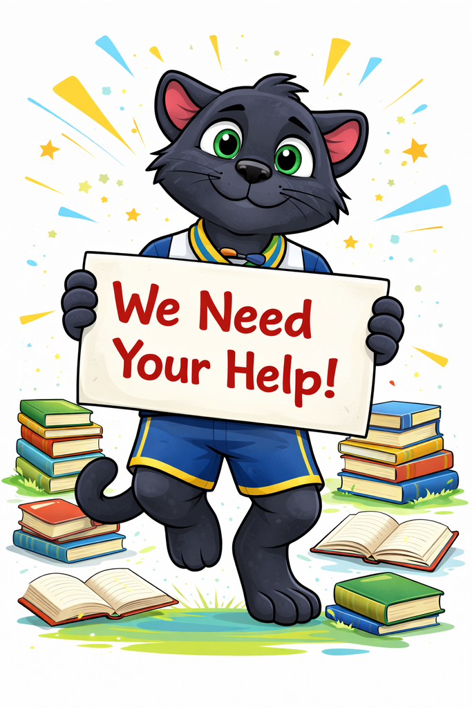 panther mascot holding a we need your help sign with books in the background