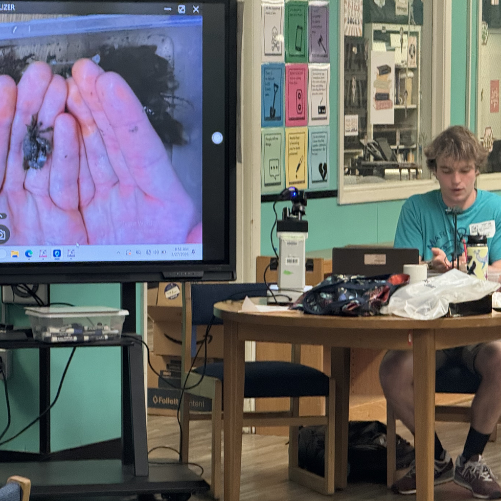 marine quest teacher sitting at table by microscope
