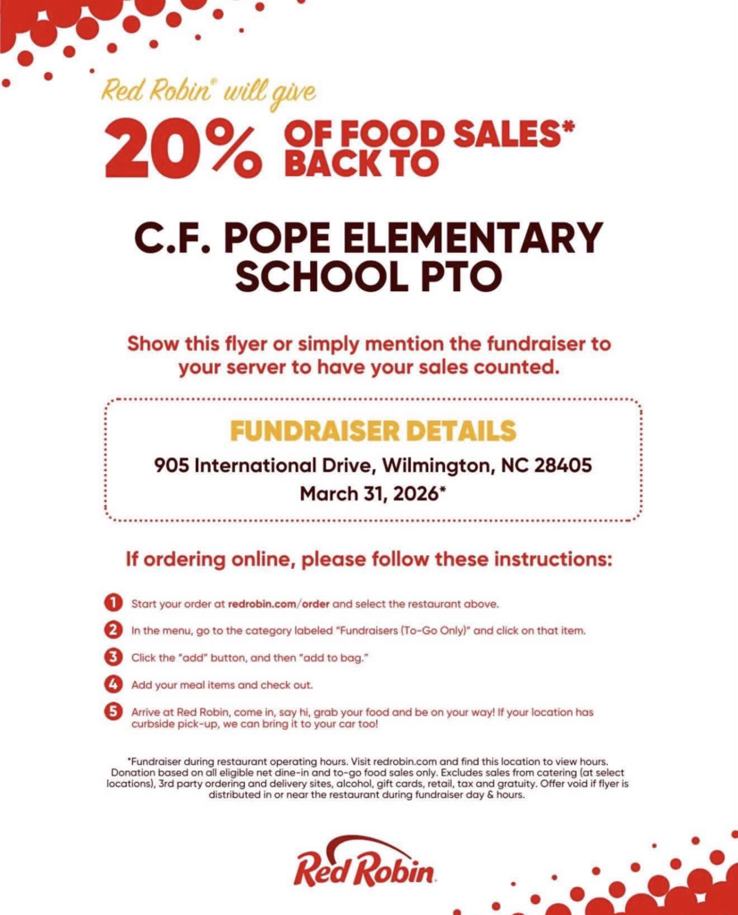 flyer with information about Red Robin night on 3/31