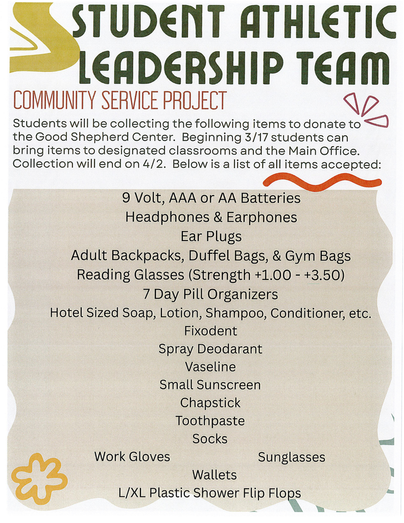 Student Athletic Leadership Team is receiving donations until this Thursday, April 2nd.