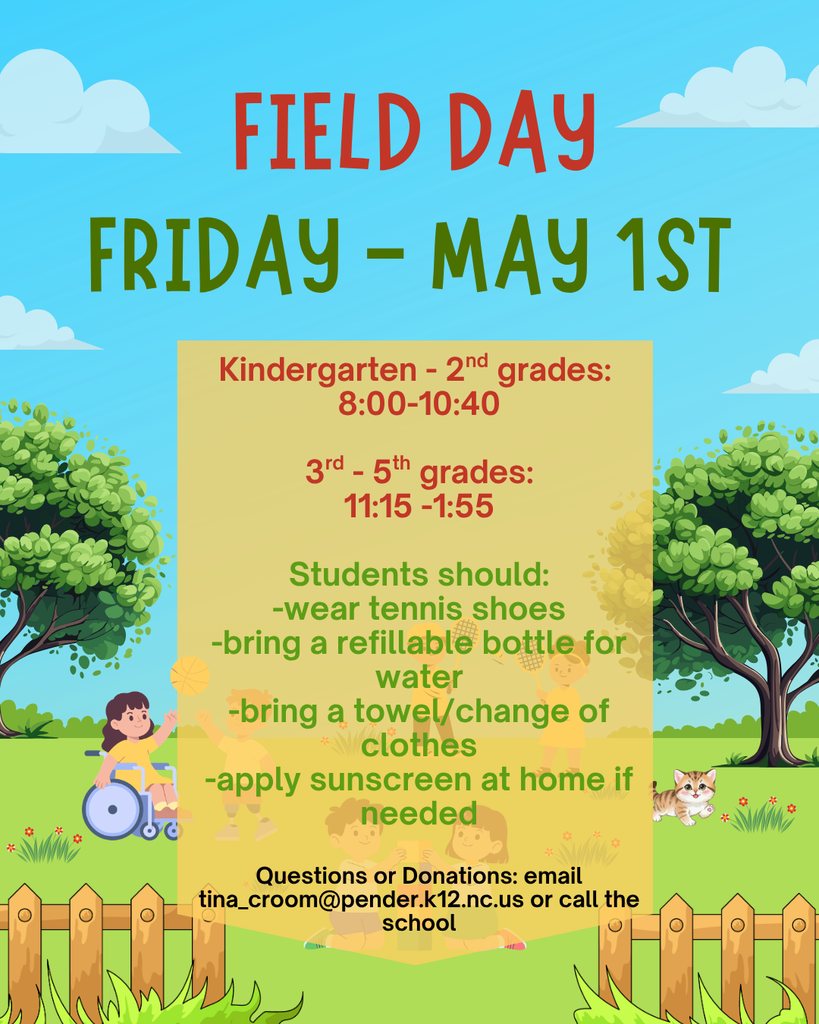 outside scene with kids playing and trees, a cat and a fence in a grassy area with info about field day