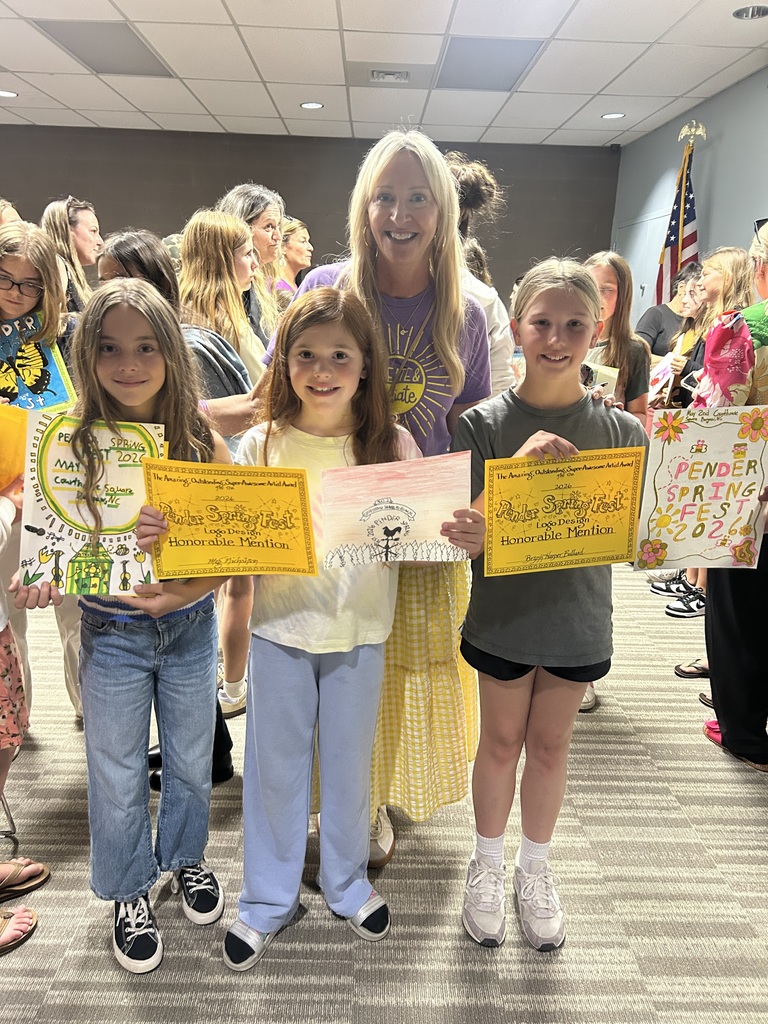 Congratulations to our four Honorable Mentions in the Pender County Springfest t-shirt contest! We had 4th graders Remi Golden, Brynne Bullard, and Addie Philimon. Also honored was  3rd grader, Meg Nicholson. TAES is very proud of you! 