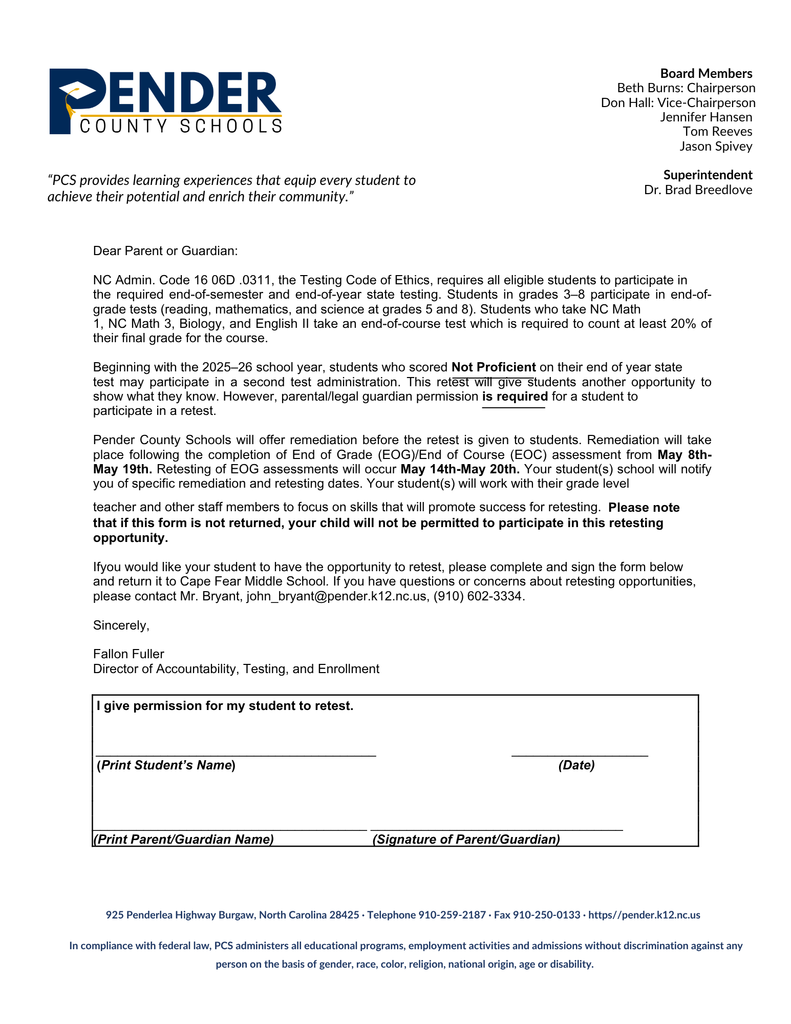 Pender County Schools retesting letter (English).