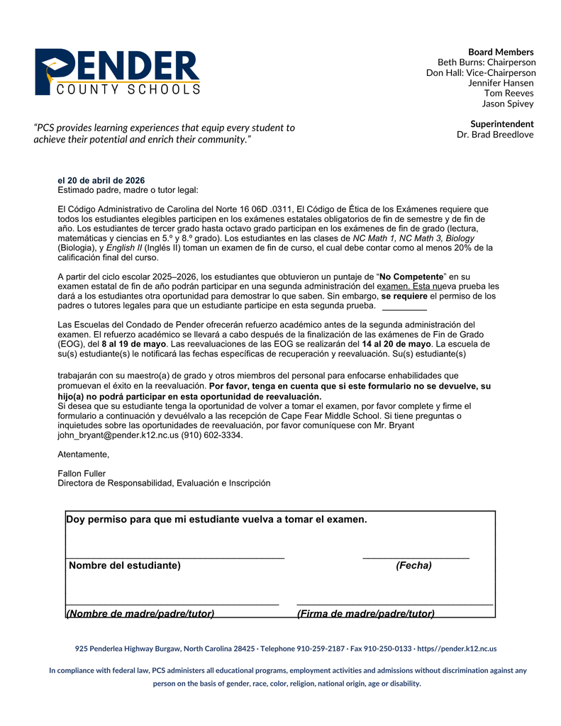  Pender County Schools retesting letter (Spanish).