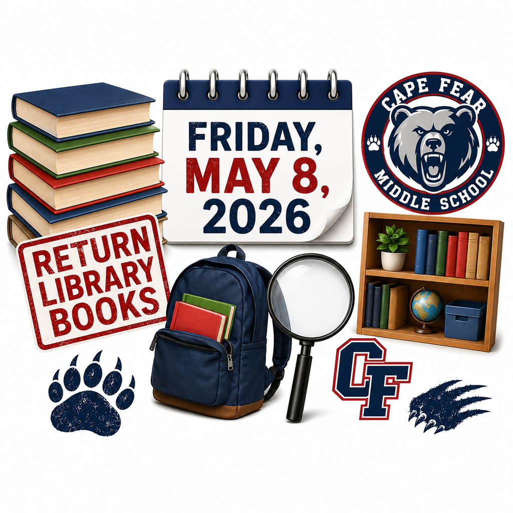 ALL library BOOKS MUST BE RETURNED to the library BY Friday, May 8, 2026!!