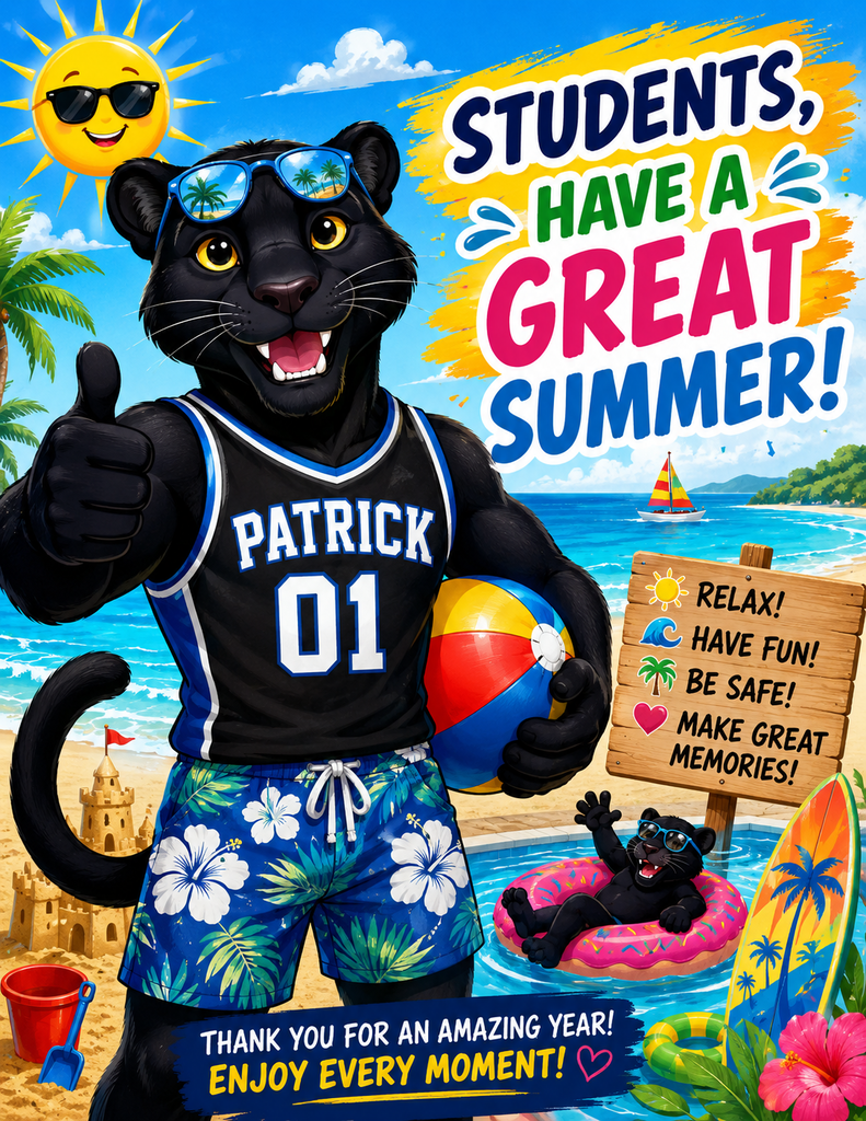 panther mascot wearing a bathing suit and jersey shirt enjoying summer activities