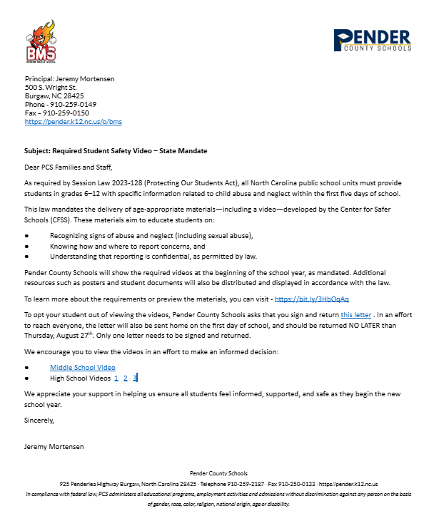 Required Student Safety Video – State Mandate