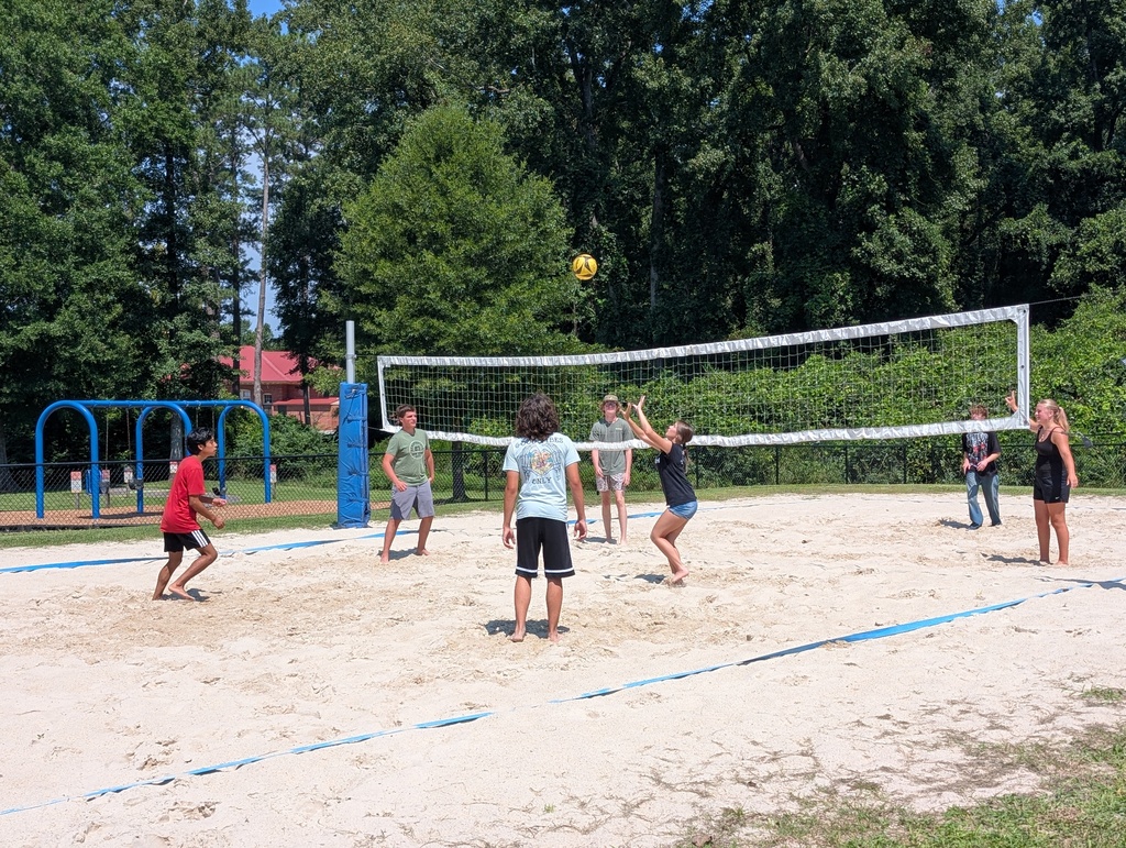 Students prepare to launch volleyball over the net during a match