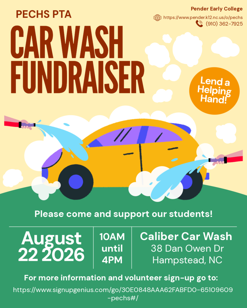Flyer giving details for the PTA car wash August 22 from 10am-4pm at Caliber Car Wash