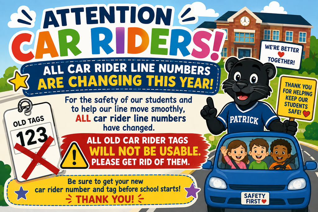 panther mascot and car of students with information about car rider tags for new school year
